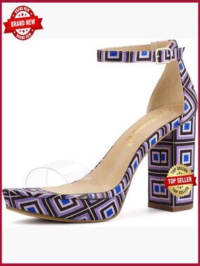 Women's Printed Clear Platform Chunky Heel Sandals Ankle Strap